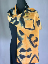 Load image into Gallery viewer, Hand Dyed Silk Shibori Scarf - Orange, Dark Blue and Black