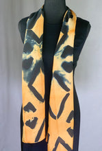 Load image into Gallery viewer, Hand Dyed Silk Shibori Scarf - Orange, Dark Blue and Black