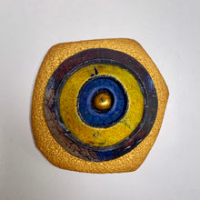 Load image into Gallery viewer, Gold, Blue, Yellow Polymer Clay Magnetic Brooch - Irregular Shape with Pearl Center