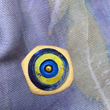 Load image into Gallery viewer, Gold, Blue, Yellow Polymer Clay Magnetic Brooch - Irregular Shape with Pearl Center