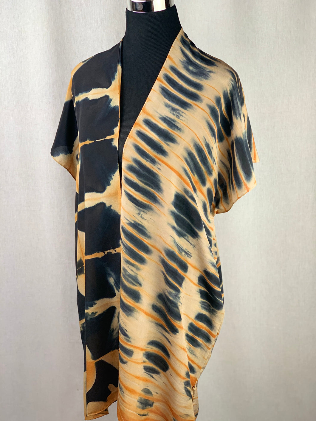 Shibori Silk Kimono Style Statement Jacket, Muted Orange, Tan and Black