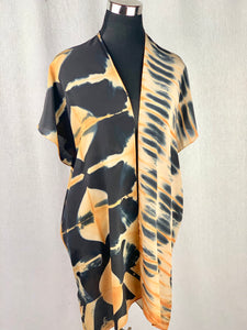 Shibori Silk Kimono Style Statement Jacket, Muted Orange, Tan and Black