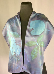 Silk Hand Dyed Botanical Print Scarf, Eco Print, Indigo Blue Organic Natural Dye