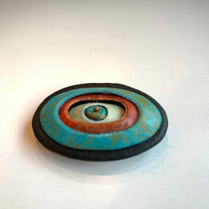 Handmade Polymer Clay Magnetic Brooch, Lightweight, Turquoise and Red Oval