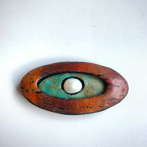 Lightweight Polymer Clay Magnetic Brooch,Red and Turquoise Oval with Pearl Center