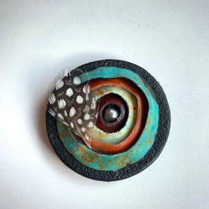 Round Polymer Clay Magnetic Brooch, Lightweight, Teal and Red