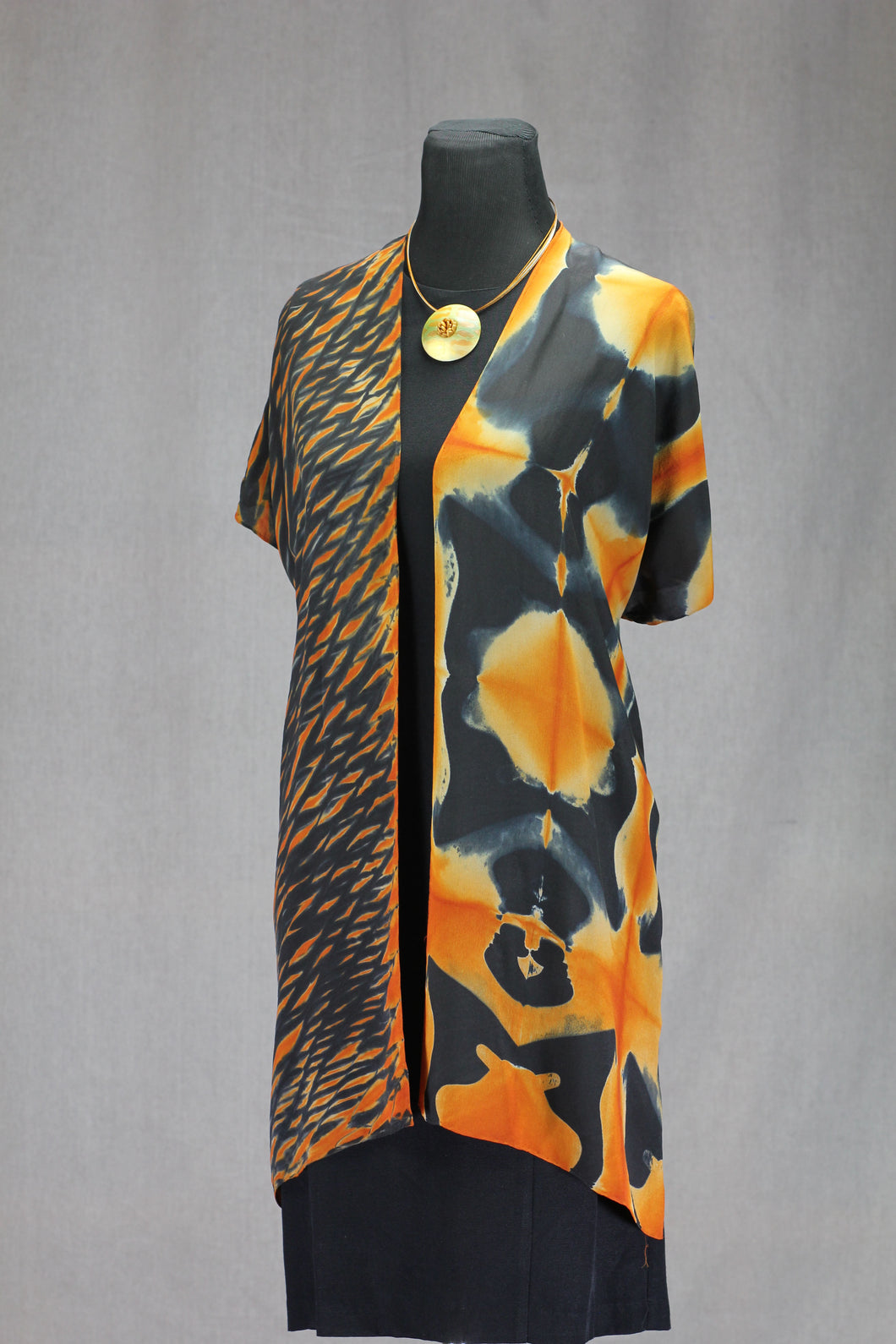 Shibori Silk Kimono Statement Piece- One Size, Burnt Orange and Black