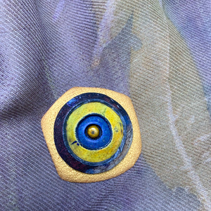 Gold, Blue, Yellow Polymer Clay Magnetic Brooch - Irregular Shape with Pearl Center