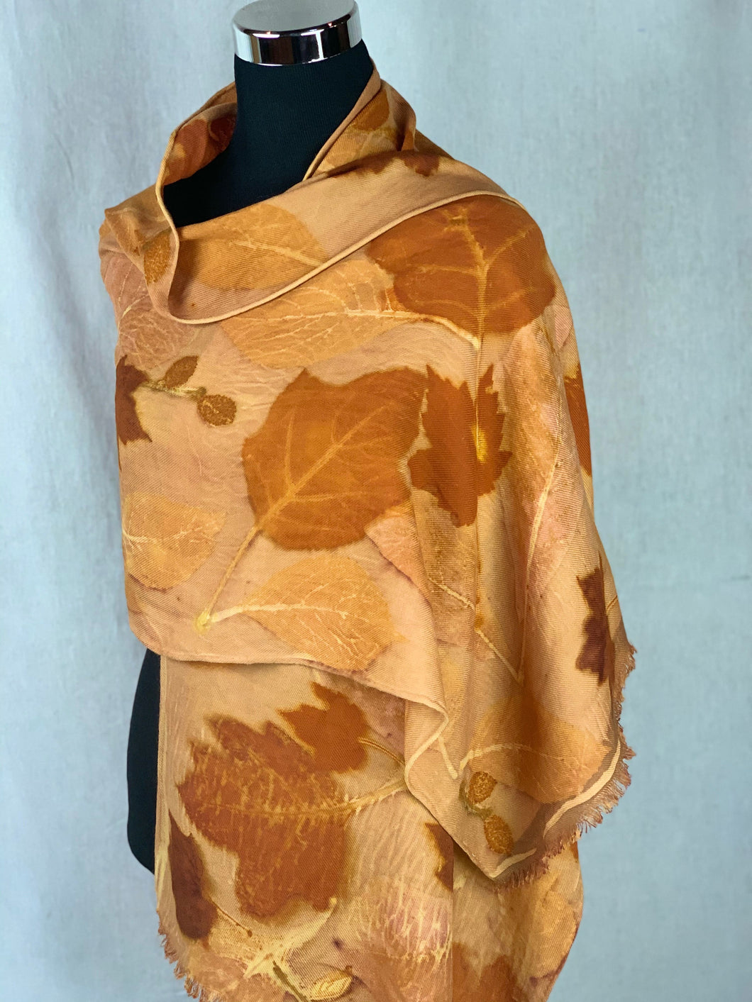 Hand Dyed Botanical Print Wool Shawl - Natural Dyes, Burnt Orange